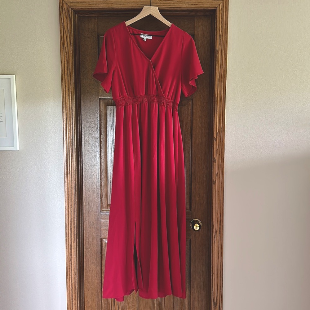 Floor length red dress